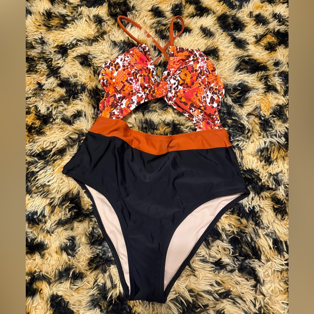 Cupshe Orange Black Floral Cutout One-Piece Swimsuit